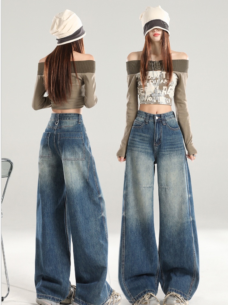 Retro loose straight jeans high waist mopping pants