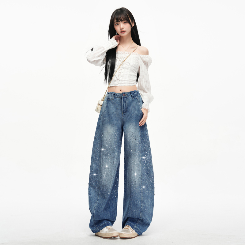 Starry street wide leg rhinestone loose jeans for women