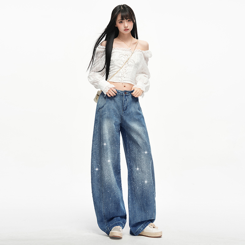 Starry street wide leg rhinestone loose jeans for women