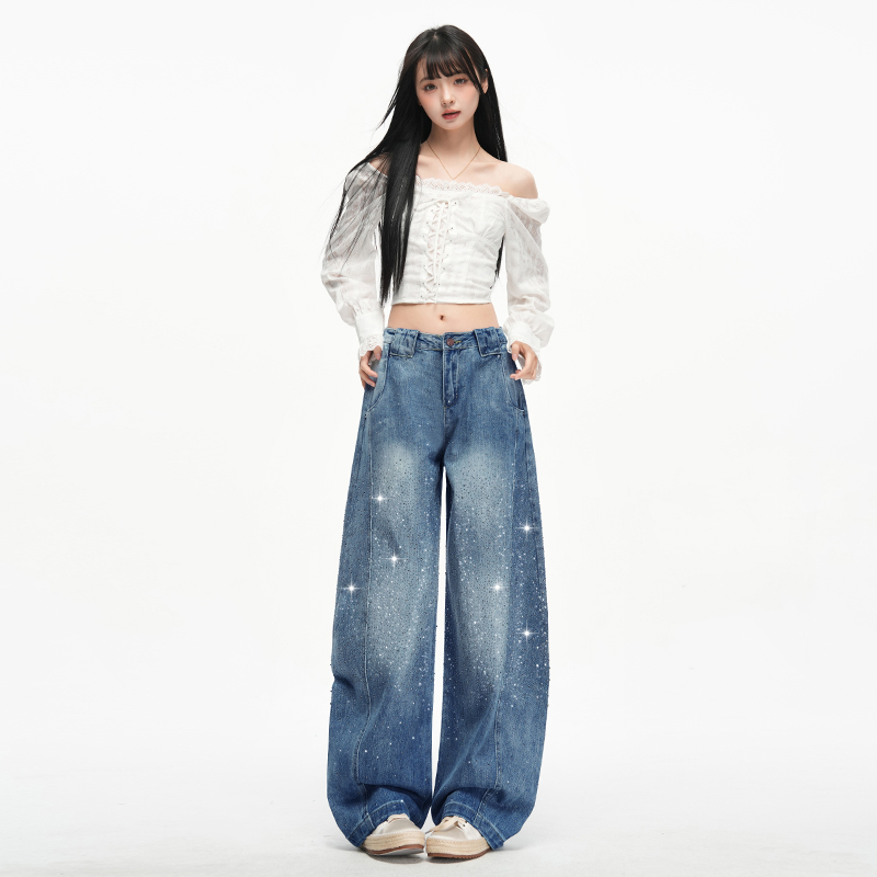 Starry street wide leg rhinestone loose jeans for women