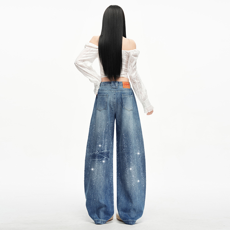 Starry street wide leg rhinestone loose jeans for women
