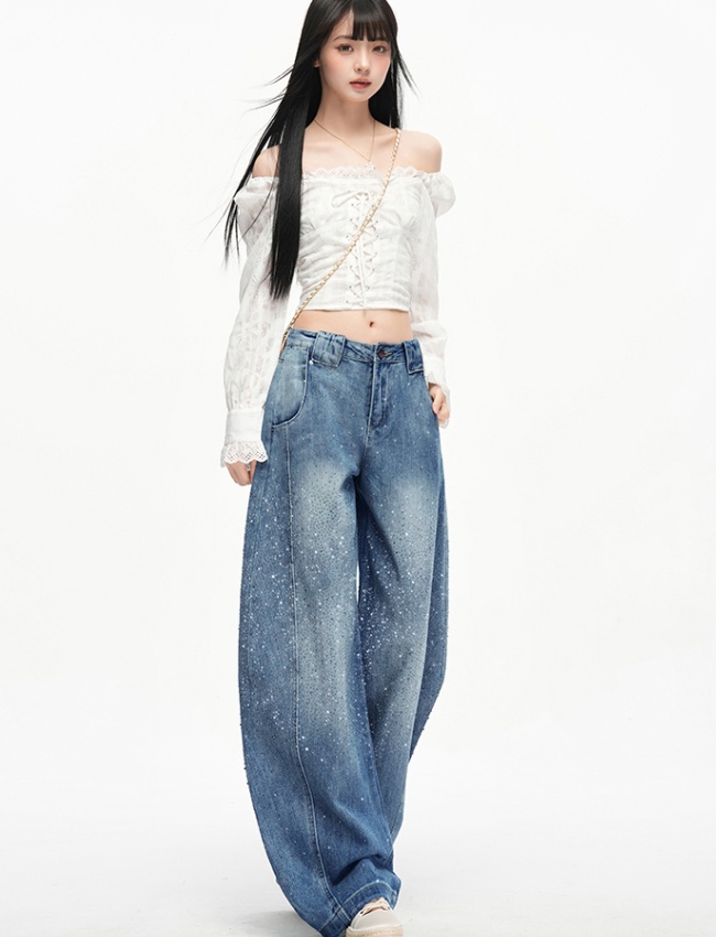 Starry street wide leg rhinestone loose jeans for women