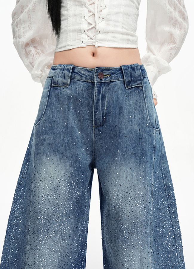Starry street wide leg rhinestone loose jeans for women