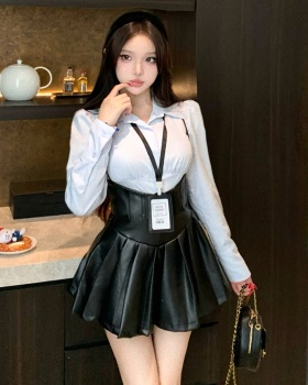 Slim leather skirt spicegirl shirt 2pcs set for women