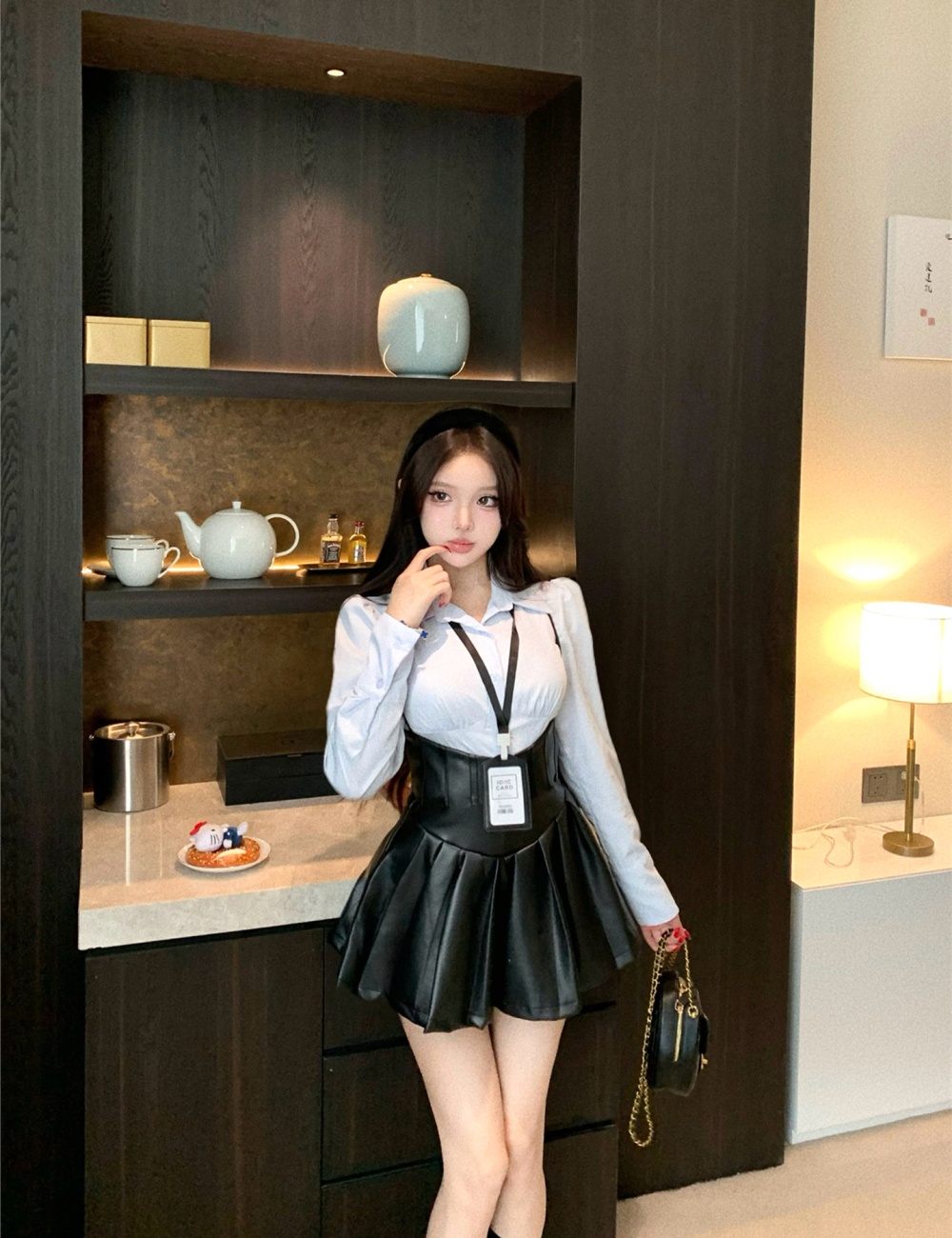 Slim leather skirt spicegirl shirt 2pcs set for women