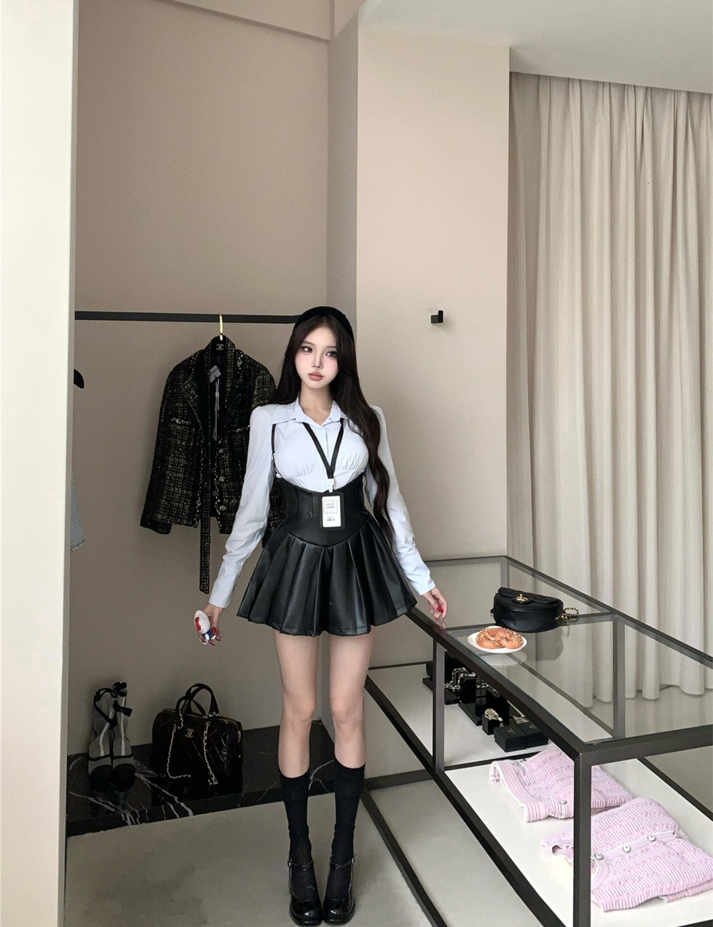 Slim leather skirt spicegirl shirt 2pcs set for women