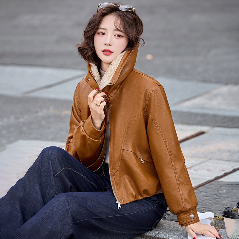 Fashion winter coat simple plus velvet leather coat