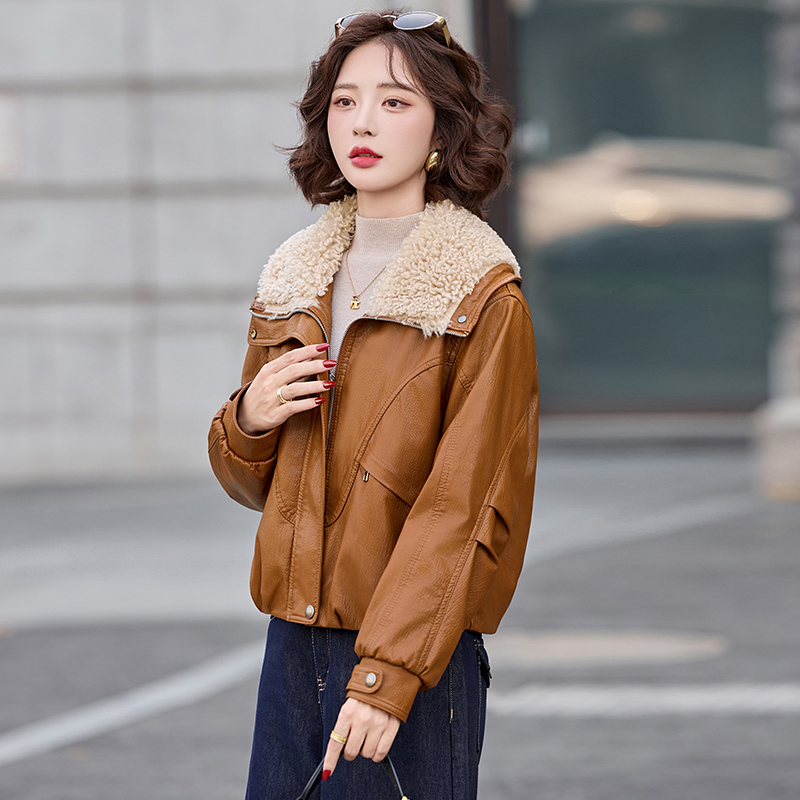 Fashion winter coat simple plus velvet leather coat