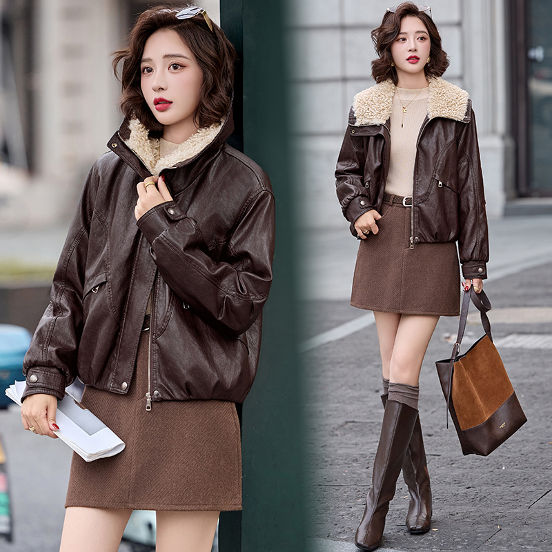 Fashion winter coat simple plus velvet leather coat