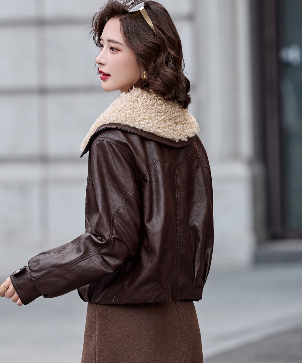 Fashion winter coat simple plus velvet leather coat