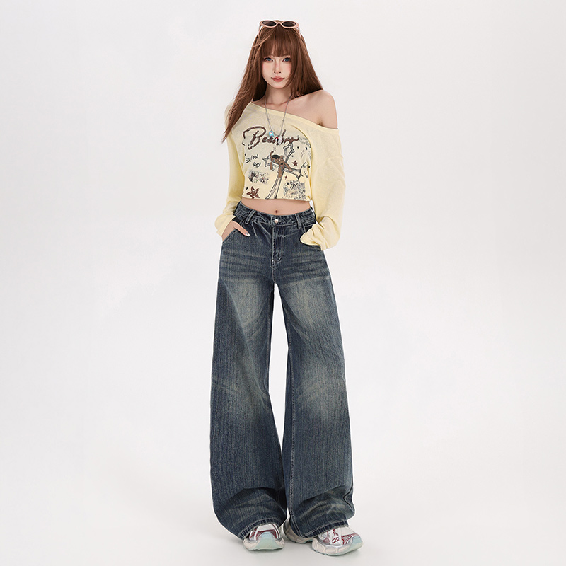 Lazy all-match wide leg pants straight jeans for women