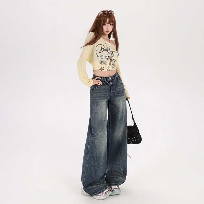 Lazy all-match wide leg pants straight jeans for women