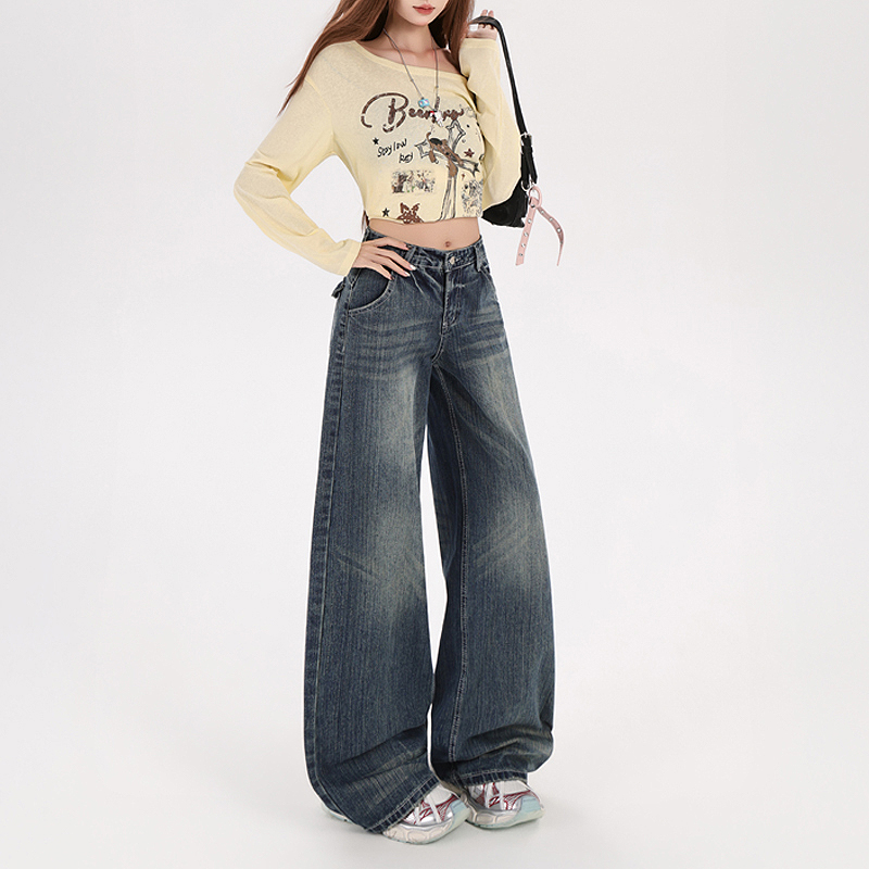 Lazy all-match wide leg pants straight jeans for women