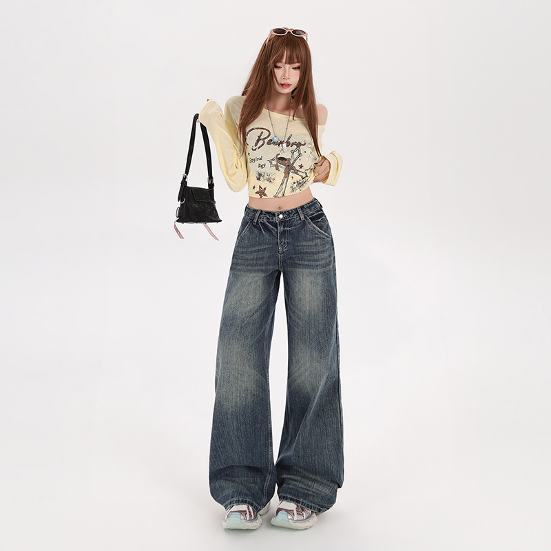 Lazy all-match wide leg pants straight jeans for women