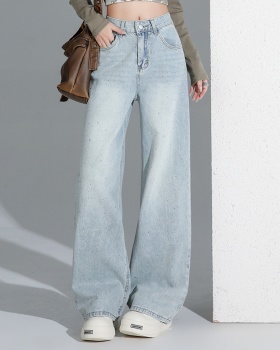 Drape slim jeans light-blue high waist wide leg pants for women