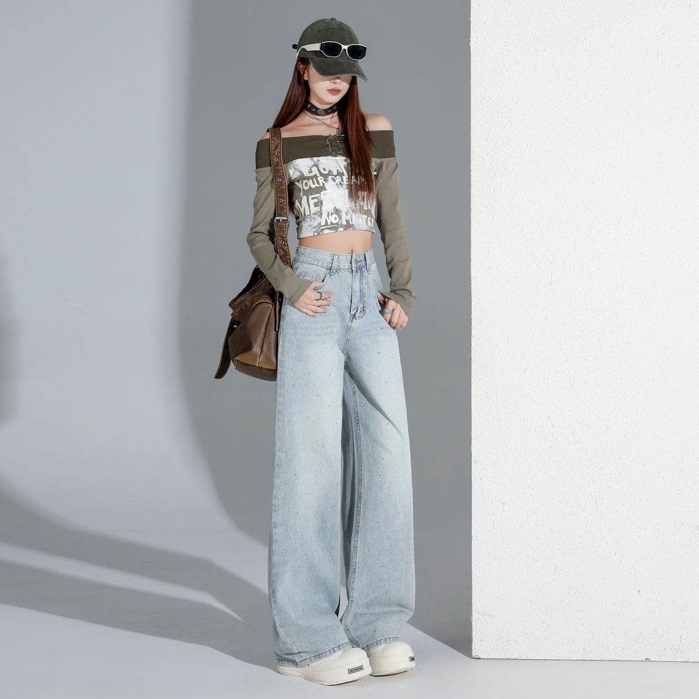 Drape slim jeans light-blue high waist wide leg pants for women