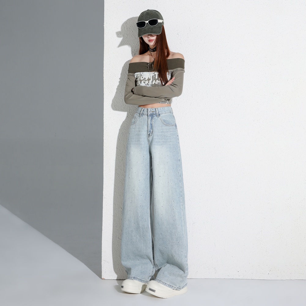 Drape slim jeans light-blue high waist wide leg pants for women