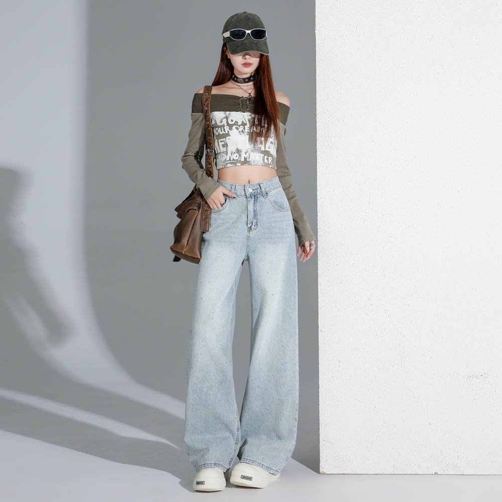 Drape slim jeans light-blue high waist wide leg pants for women