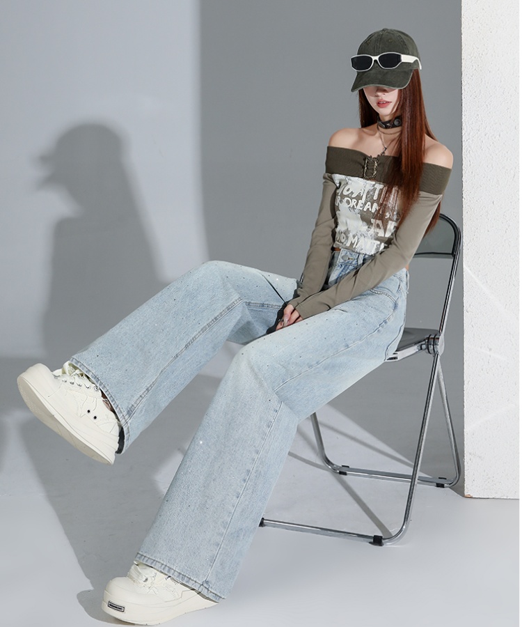 Drape slim jeans light-blue high waist wide leg pants for women