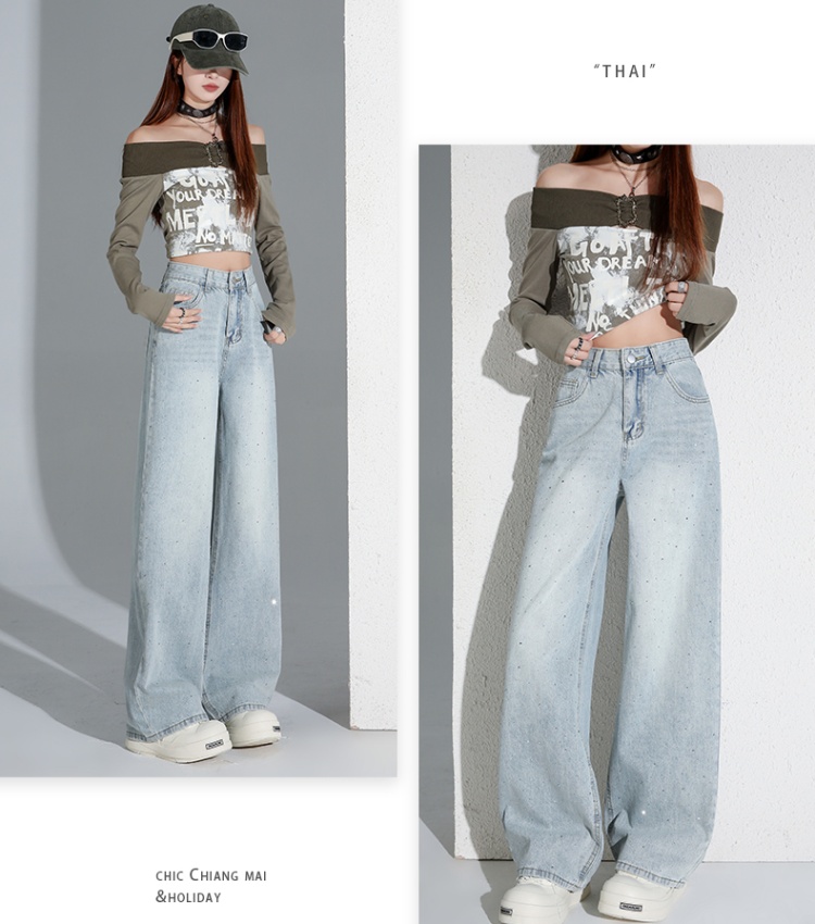 Drape slim jeans light-blue high waist wide leg pants for women