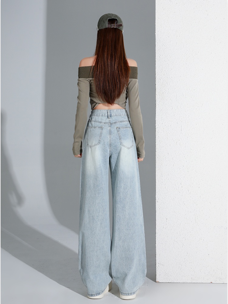 Drape slim jeans light-blue high waist wide leg pants for women
