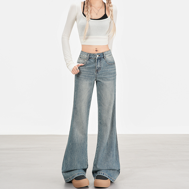 Mopping American style spring pocket denim jeans for women