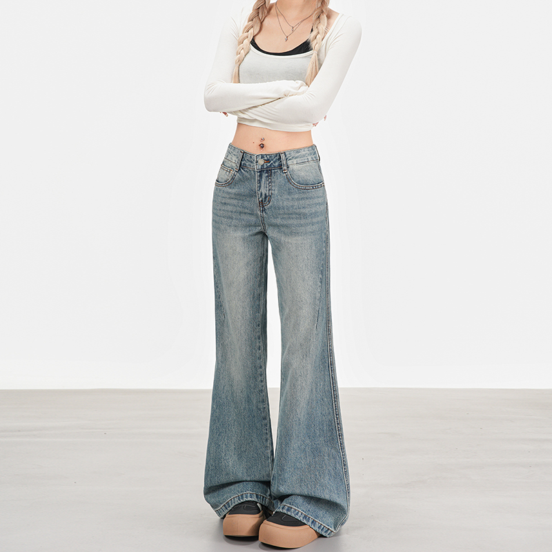 Mopping American style spring pocket denim jeans for women