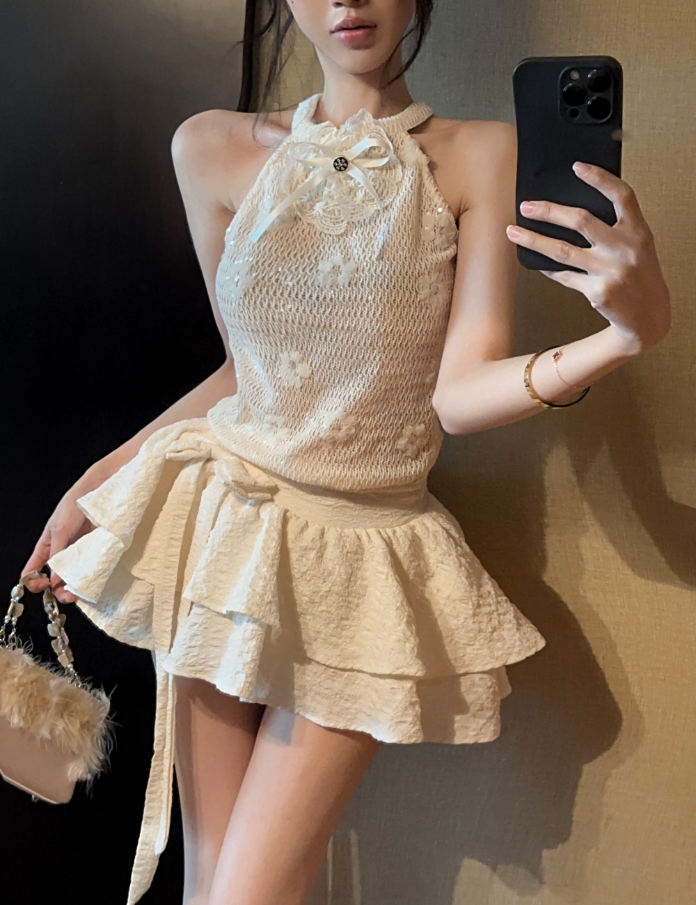 Knitted bow cake skirt embroidered flowers halter vest 2pcs set