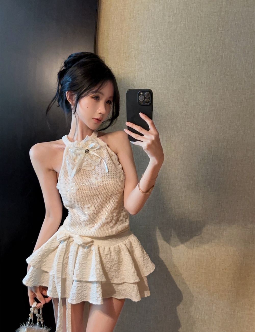 Knitted bow cake skirt embroidered flowers halter vest 2pcs set
