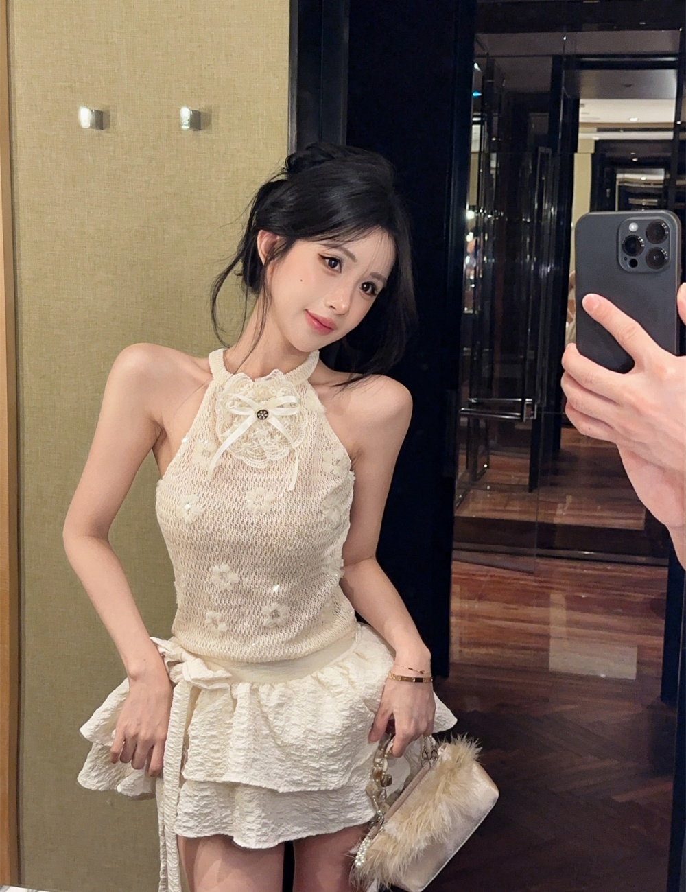 Knitted bow cake skirt embroidered flowers halter vest 2pcs set