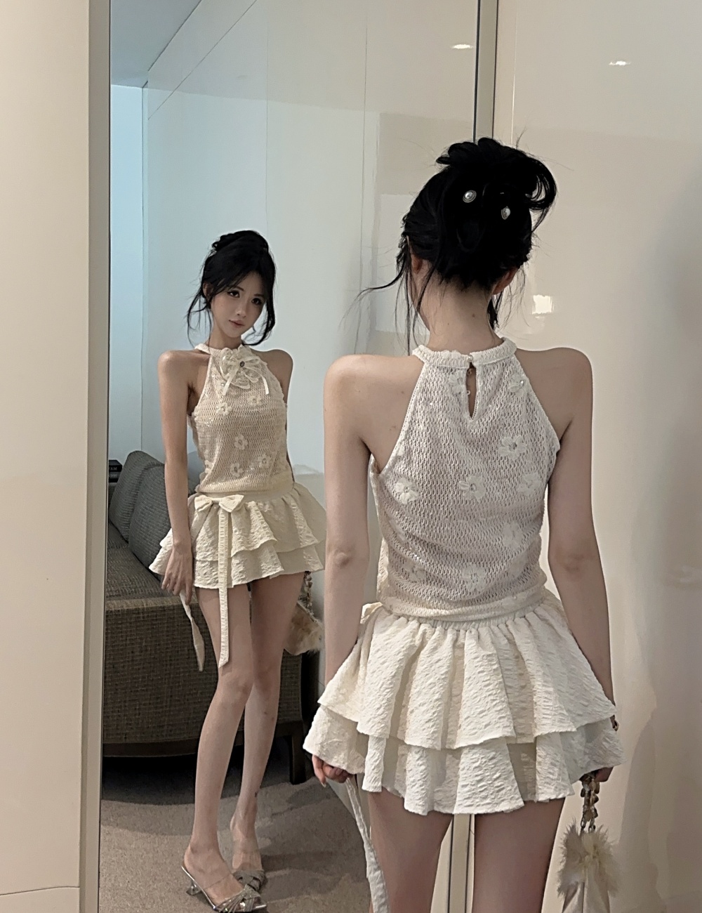 Knitted bow cake skirt embroidered flowers halter vest 2pcs set