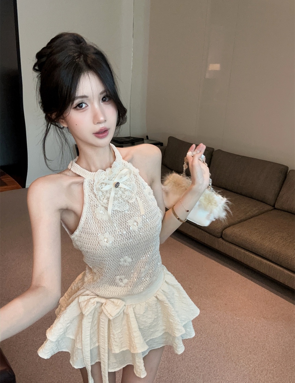 Knitted bow cake skirt embroidered flowers halter vest 2pcs set