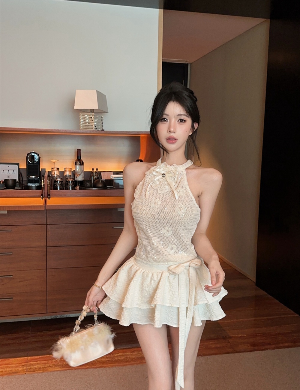 Knitted bow cake skirt embroidered flowers halter vest 2pcs set