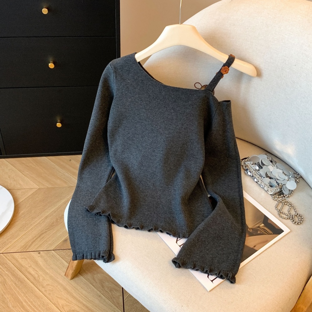 Slim knitted tops long sleeve sloping shoulder bottoming shirt