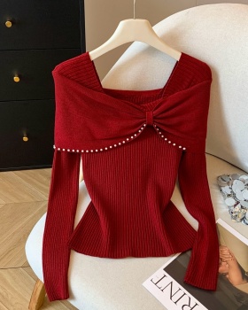 Bow beading slim tops flat shoulder France style small shirt