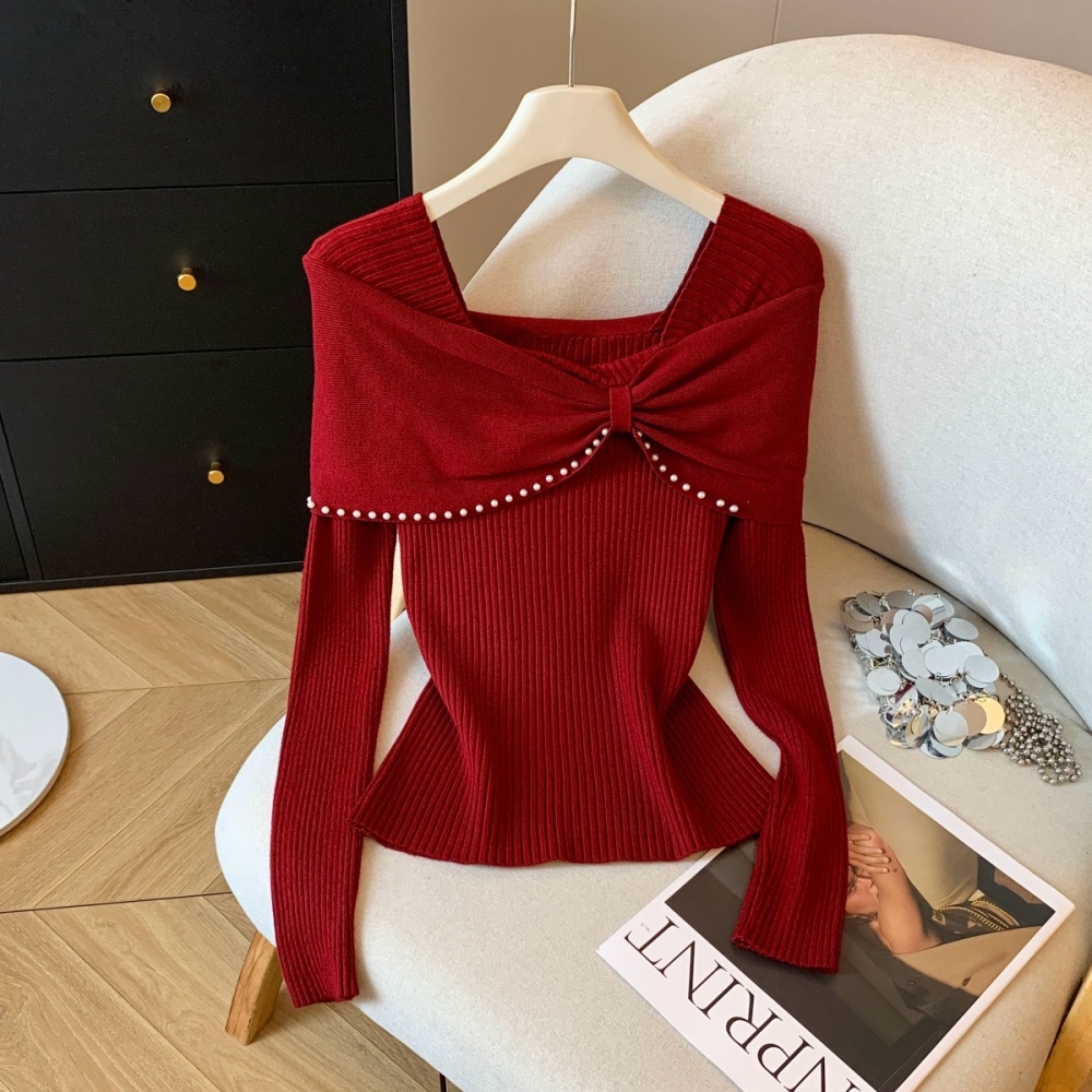Bow beading slim tops flat shoulder France style small shirt