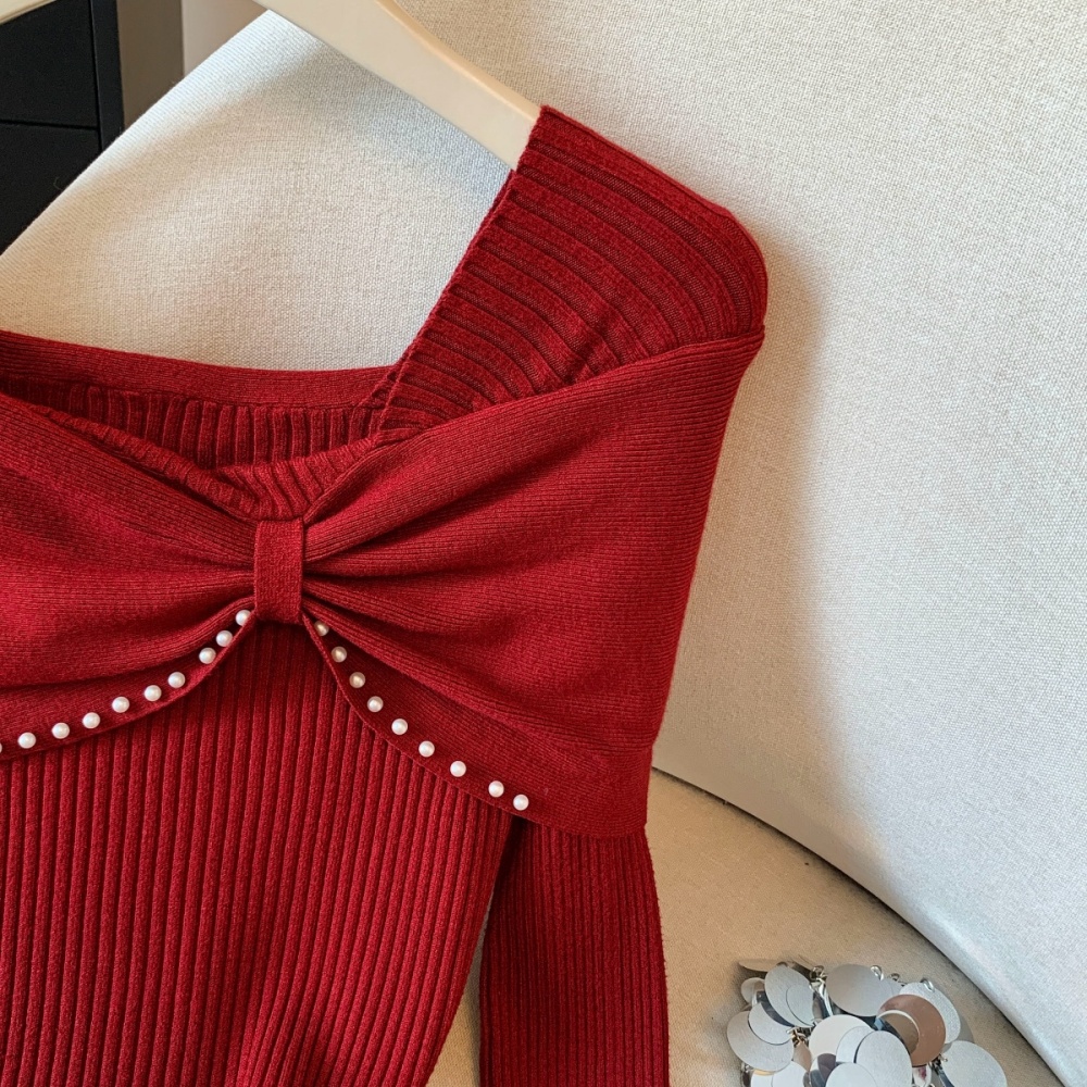 Bow beading slim tops flat shoulder France style small shirt