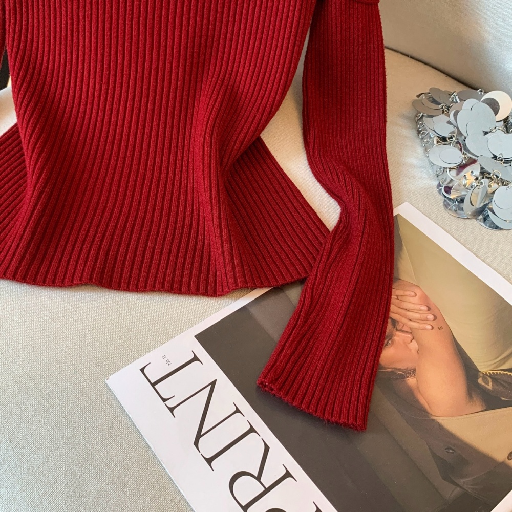 Bow beading slim tops flat shoulder France style small shirt