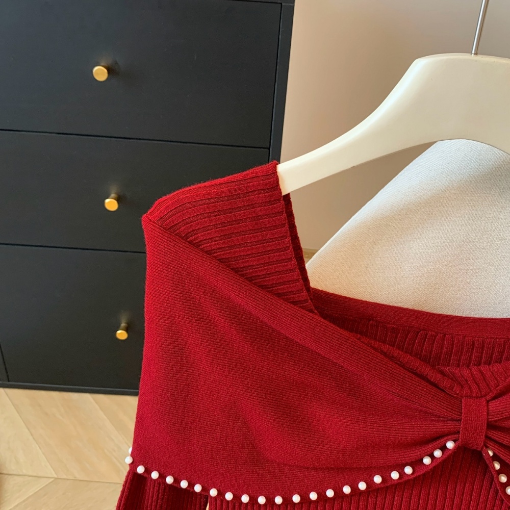 Bow beading slim tops flat shoulder France style small shirt