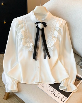 Cstand collar unique elegant light luxury lace satin shirt