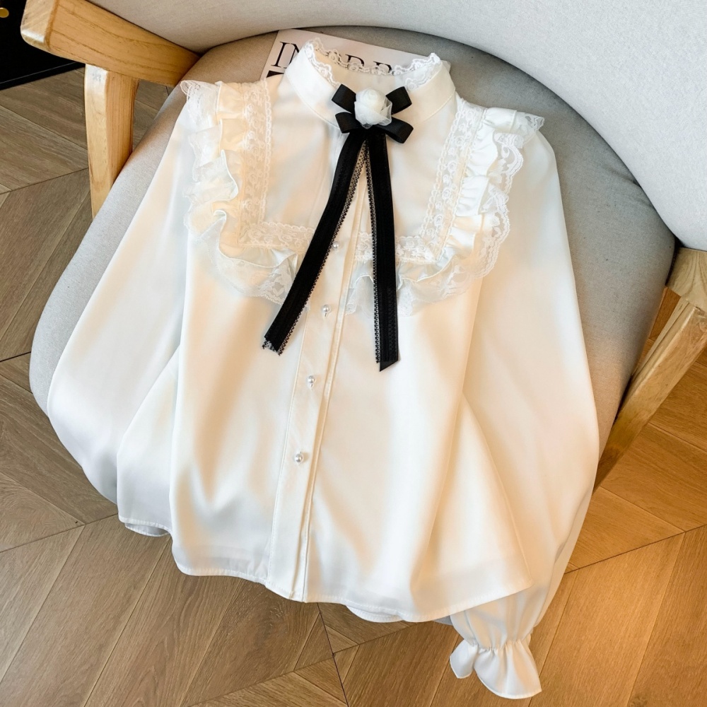 Cstand collar unique elegant light luxury lace satin shirt