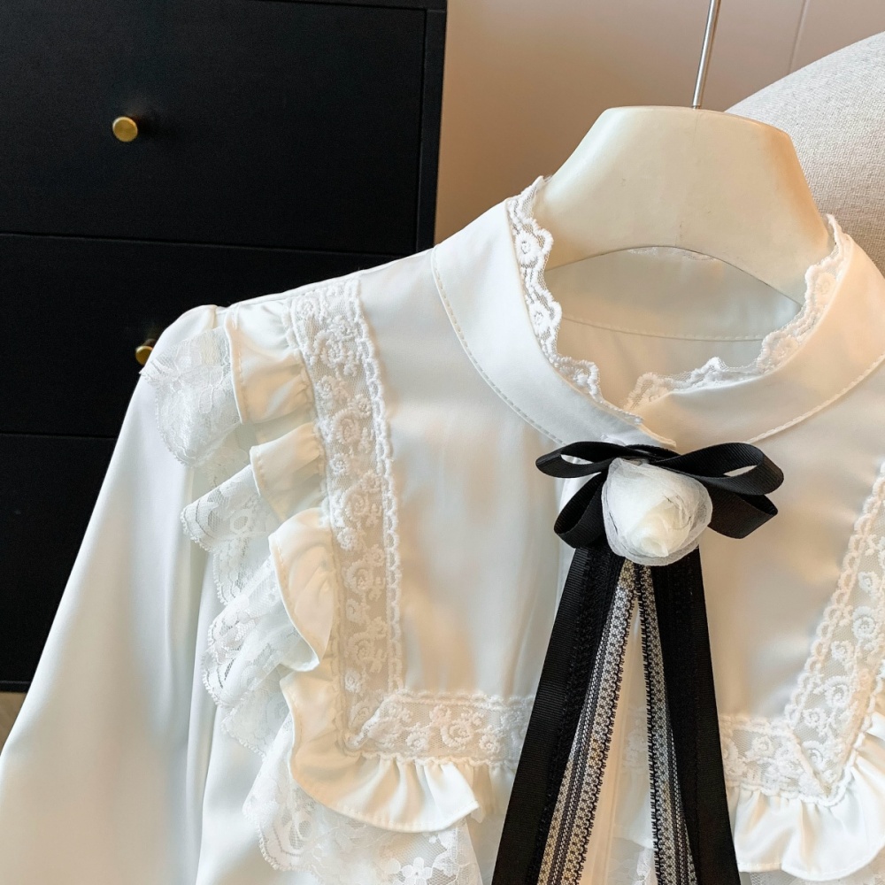 Cstand collar unique elegant light luxury lace satin shirt