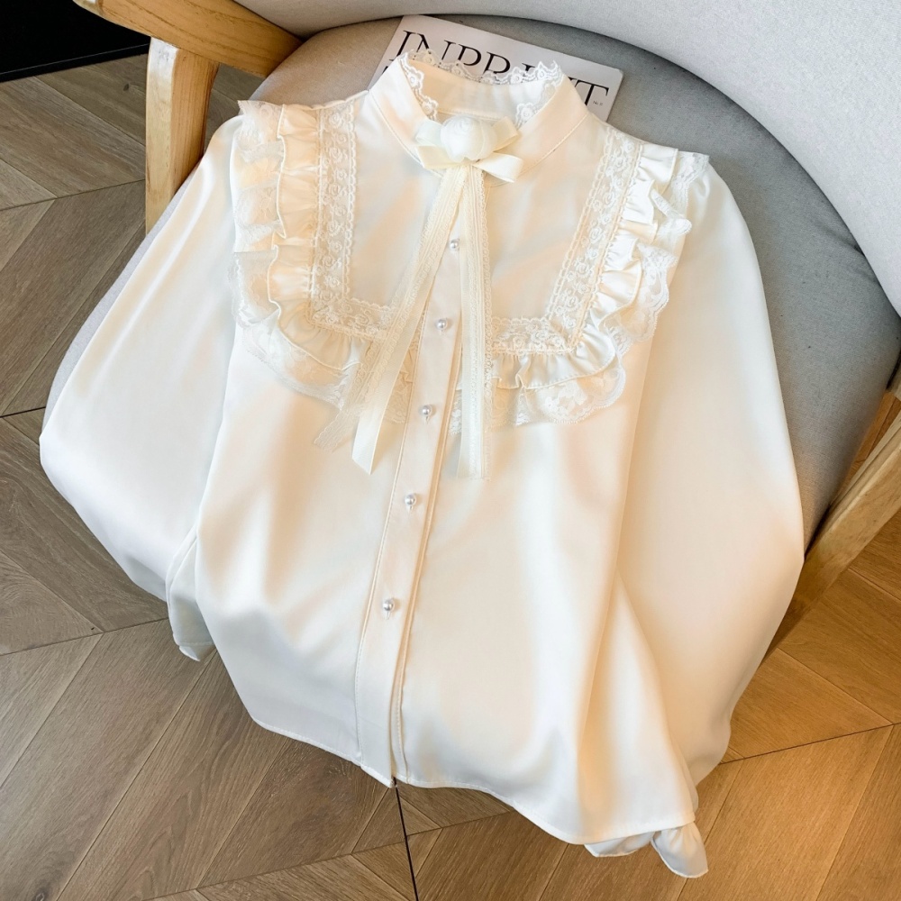 Cstand collar unique elegant light luxury lace satin shirt