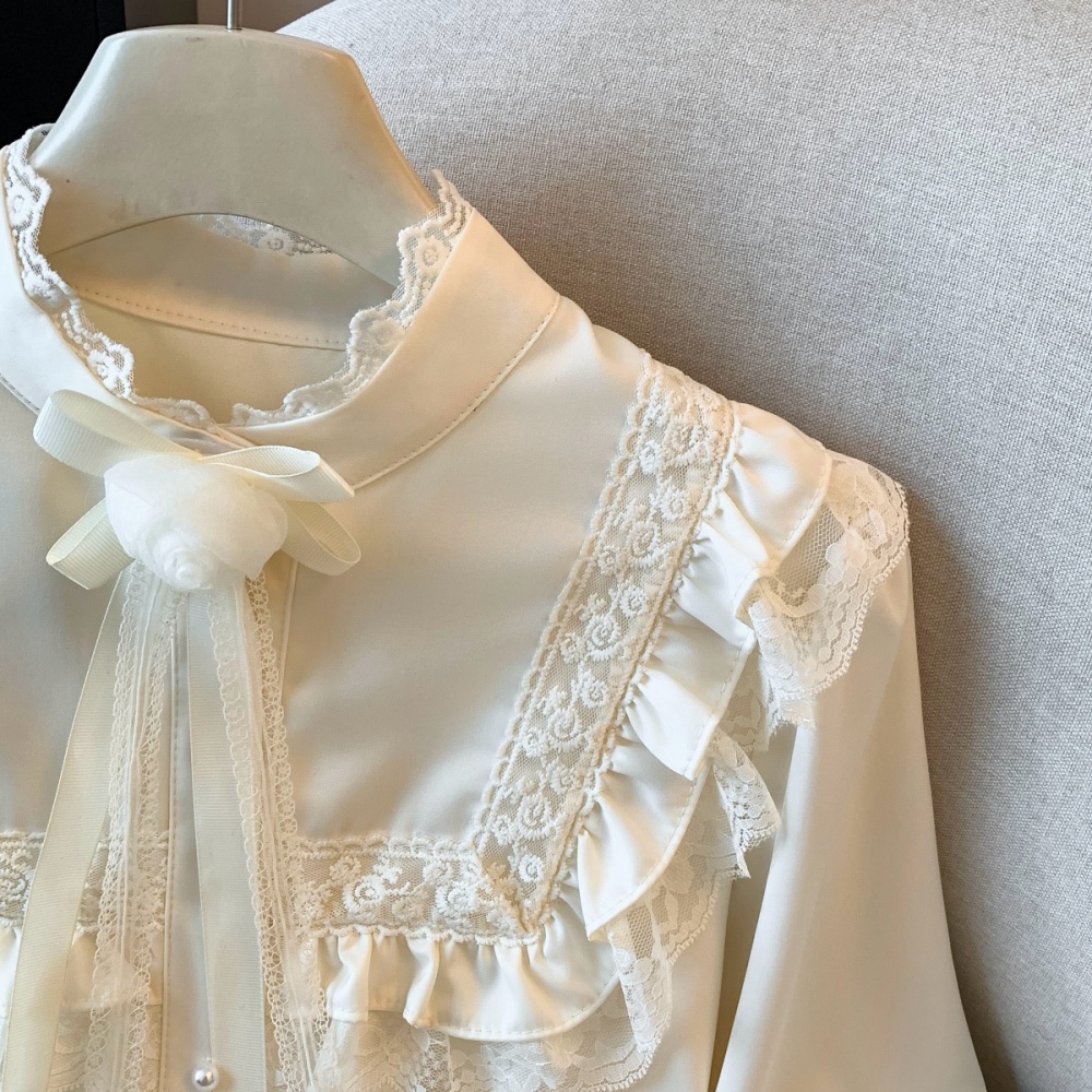 Cstand collar unique elegant light luxury lace satin shirt