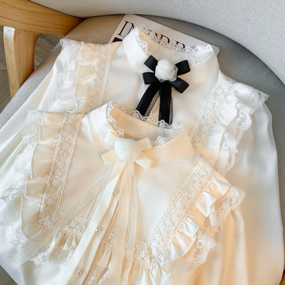 Cstand collar unique elegant light luxury lace satin shirt