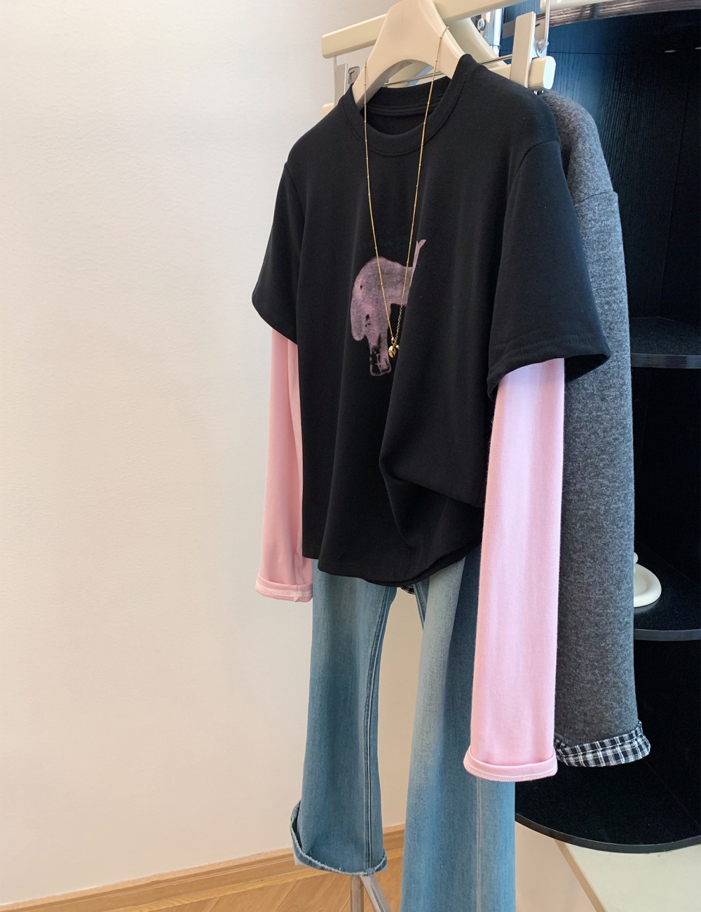 Pseudo-two bottoming shirt spandex T-shirt