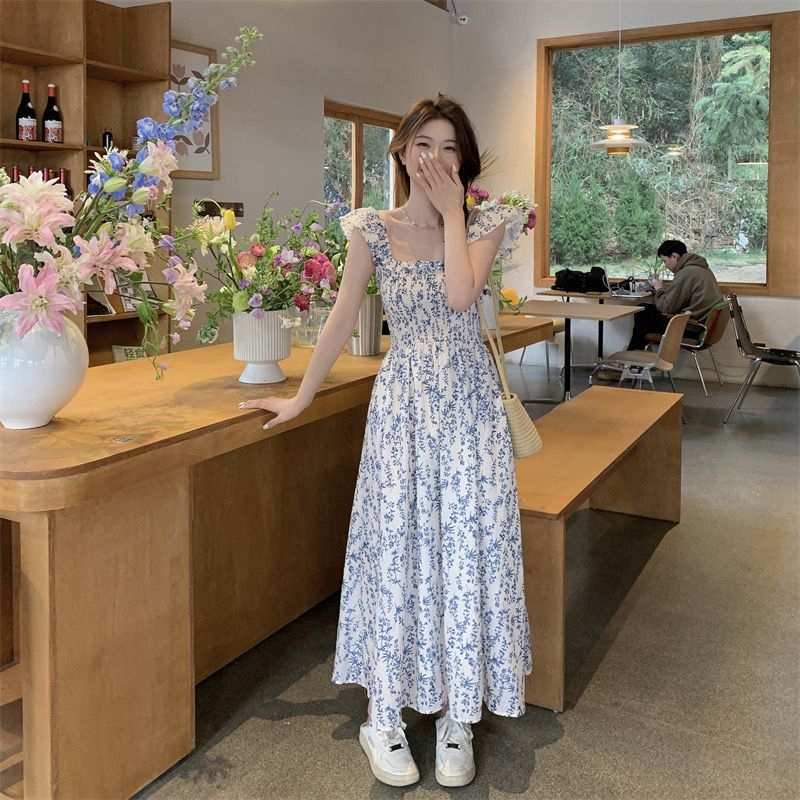 Summer refreshing strap dress boats sleeve tender long dress