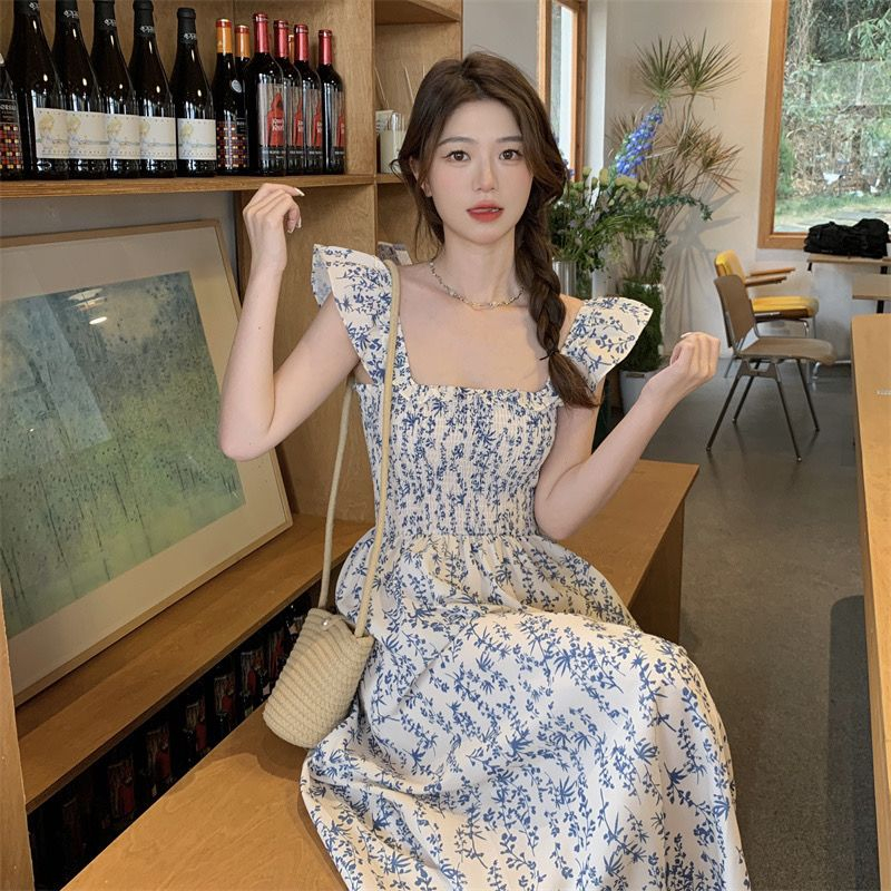 Summer refreshing strap dress boats sleeve tender long dress