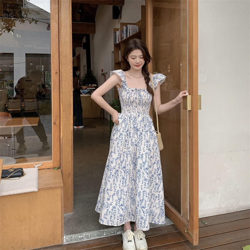 Summer refreshing strap dress boats sleeve tender long dress