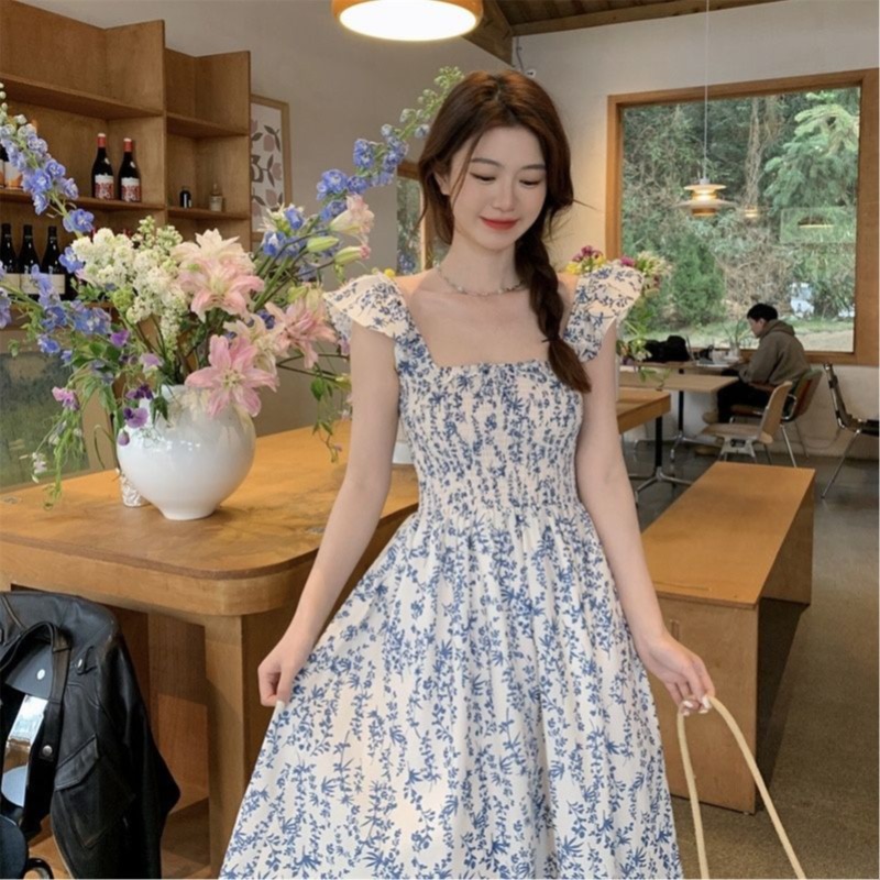 Summer refreshing strap dress boats sleeve tender long dress